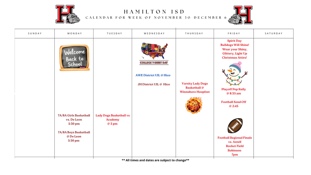 Weekly Calendar for Hamilton ISD