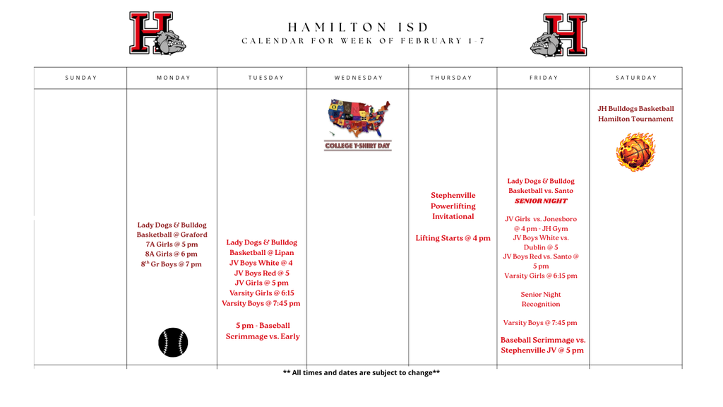 Weekly Calendar for February 1-7