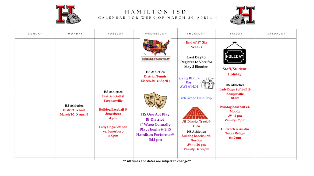 Weekly Calendar for all three campuses across Hamilton ISD