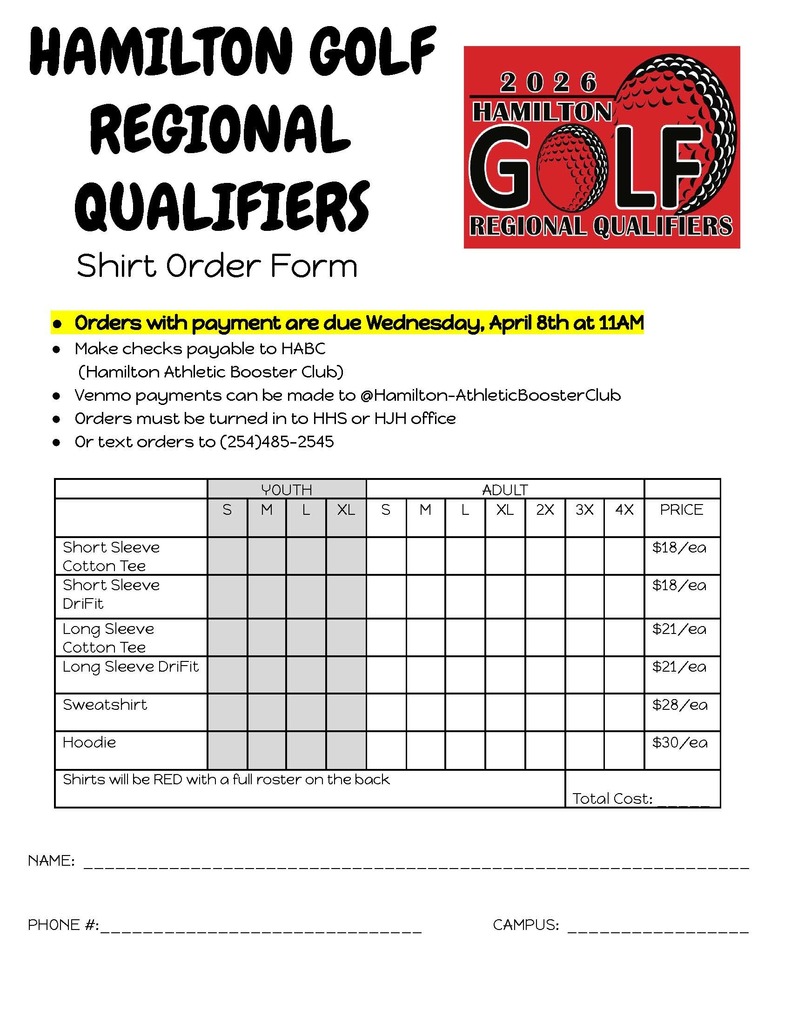 Get your Hamilton Golf Regional Qualifiers shirt NOW! This is a very quick turn around with orders being due TOMORROW, WEDNESDAY April 8th at 11 am. All orders must be turned into the HHS or HJH office. https://aptg.co/sKYQsY