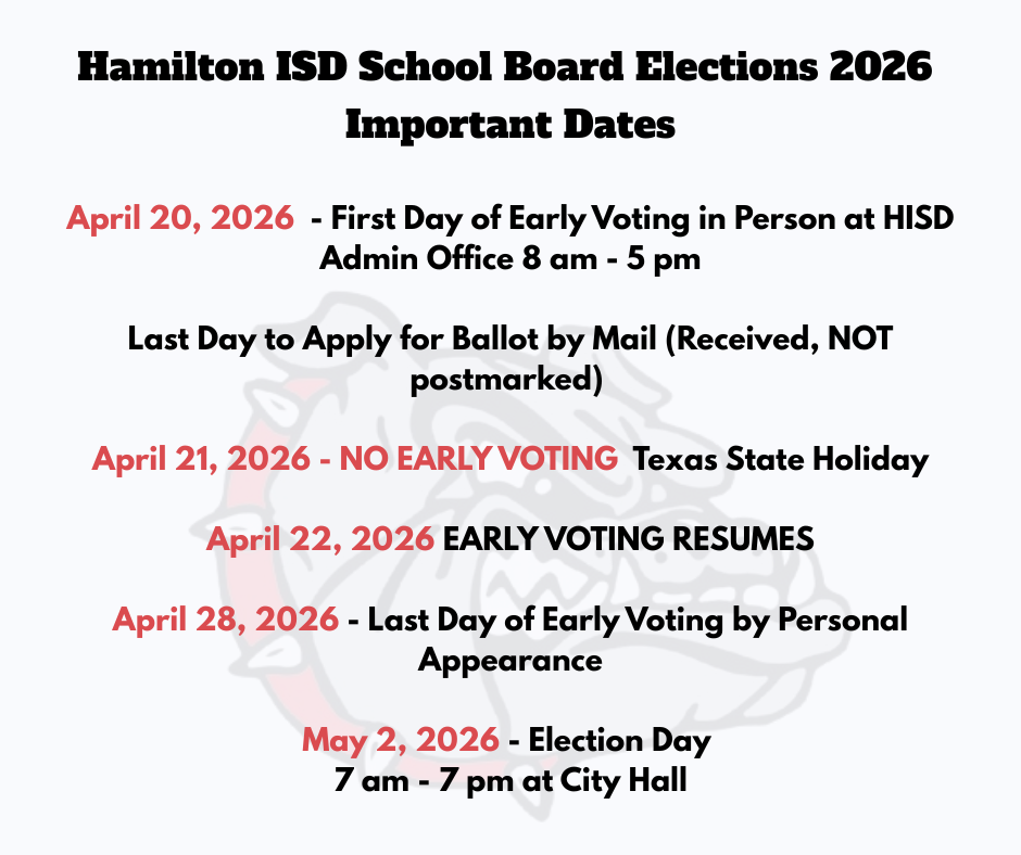 ๐ข Hamilton ISD Election Alert! Donโt miss your chance to shape the future of our district. ๐พ ๐๏ธ Early Voting: April 20 โ April 28 (HISD Admin Office) ๐ซ Note: No voting on April 21 (State Holiday) ๐ฎ Mail-in Ballots: Must be received by April 20 ๐ณ๏ธ Election Day: Saturday, May 2 at City Hall (7 AM - 7 PM)