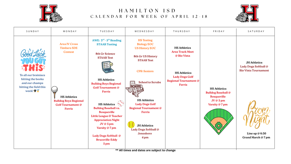 Hamilton ISD Weekly Calendar