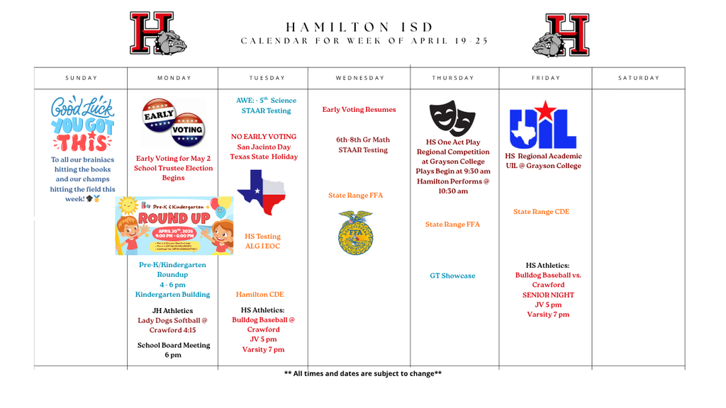  It’s going to be a powerhouse week for the Bulldogs! 🐾 From STAAR testing and state-level FFA competitions to Senior Night on the diamond, there is a lot to keep track of.
