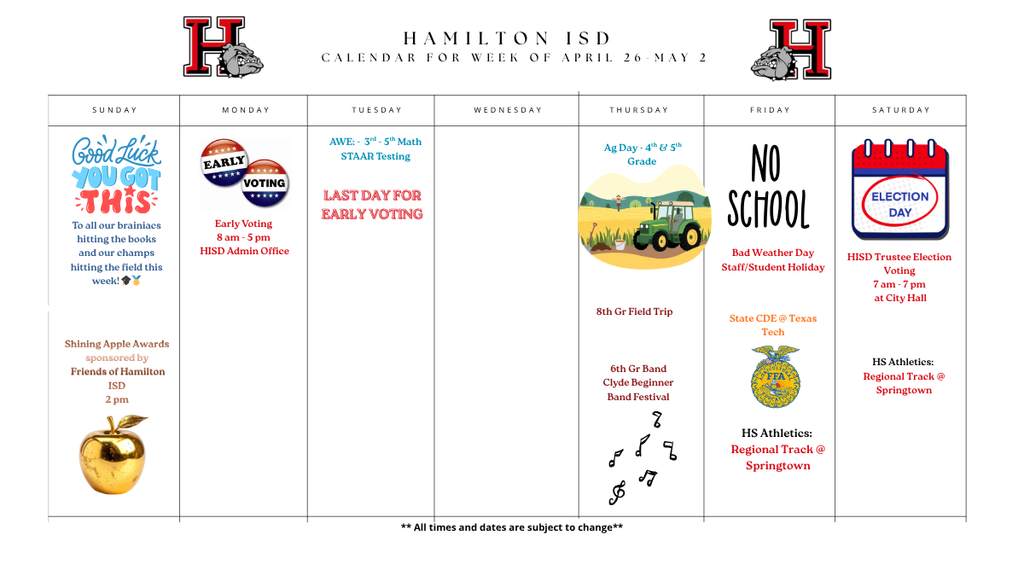 Hamilton ISD Weekly Calendar 