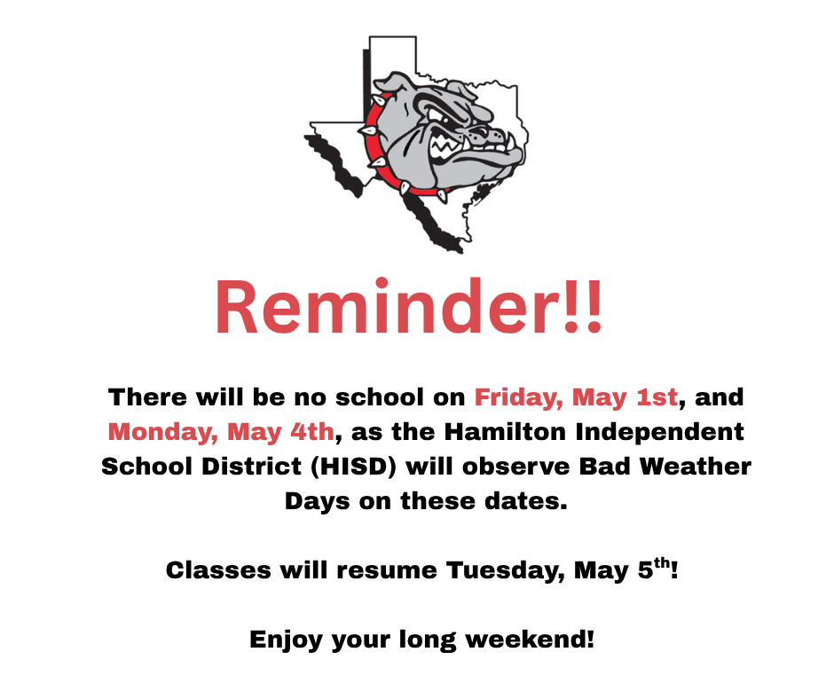 Bad Weather Day - May 1st & 5th No School