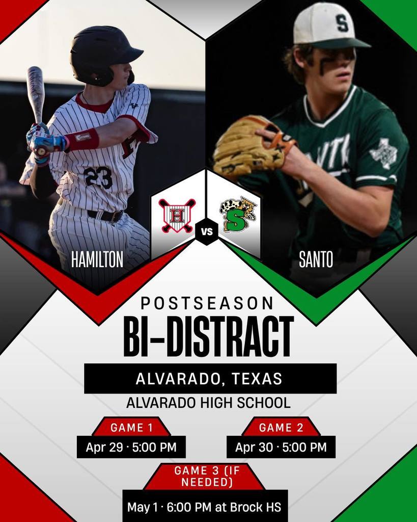 Due to unforeseen circumstances, the bulldogs will no longer play Poolville in the Bi-District round.  The dogs will match up with Santo. We will play a best of 3 series.  Games 1 & 2 will be held at Alvarado HS first pitch at 5pm. Game 3 (if needed) will be held at 6pm at Brock HS