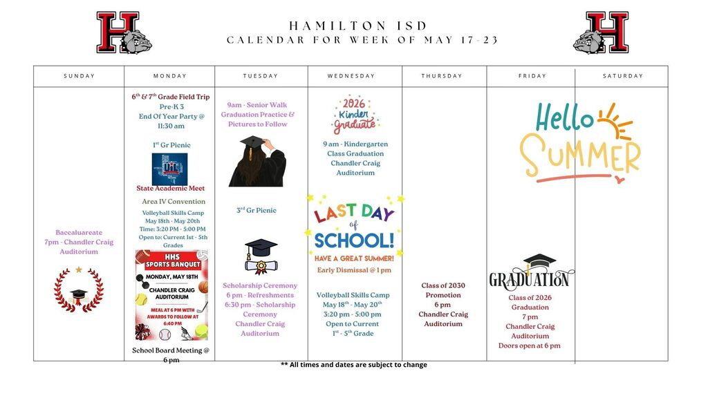 Weekly Calendar for Hamilton ISD 