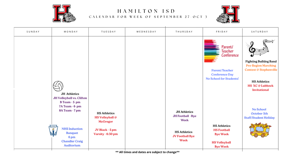 Hamilton ISD Weekly Calendar for Sept 27 - Oct 3