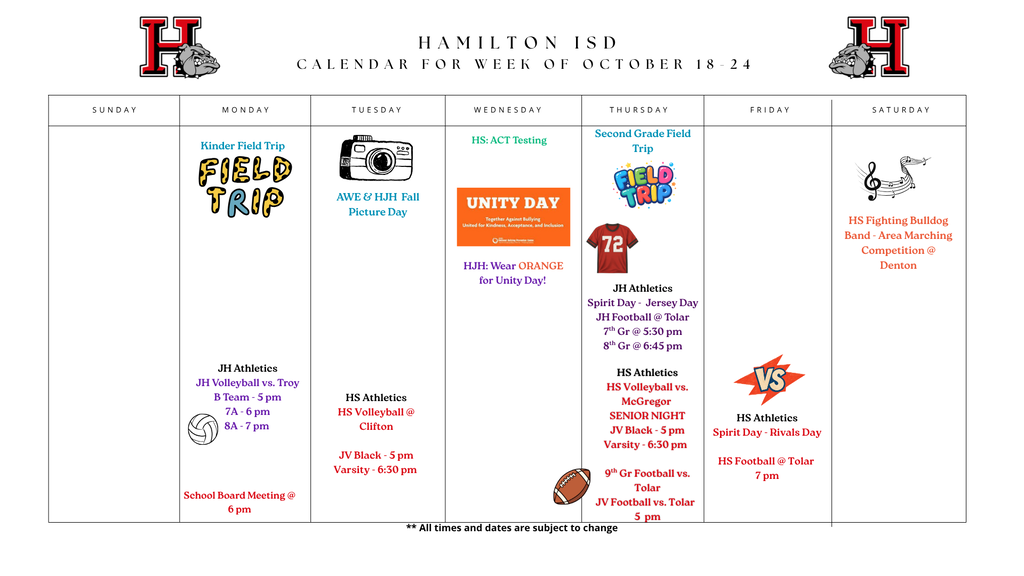 HISD Weekly Calendar October 18 -24