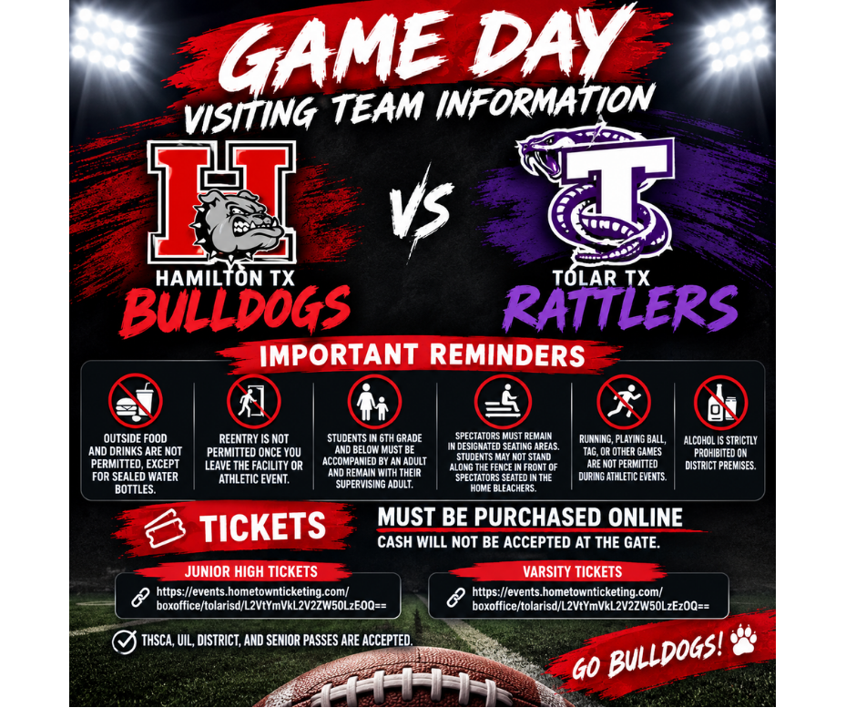 Game Day Information for Bulldogs vs. Tolar