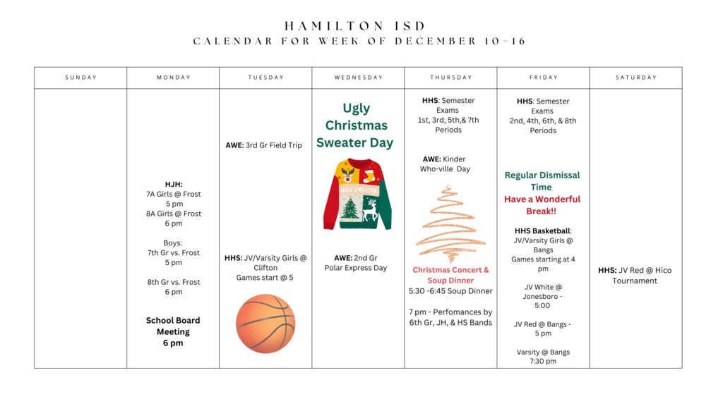 HISD Weekly Schedule December 10-16th