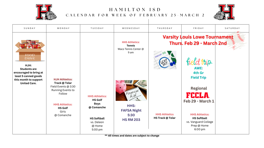 HISD Weekly Calendar for February 25-March 2, 2024