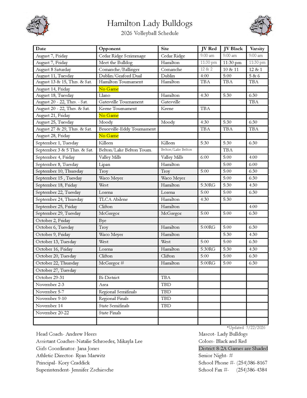 2026 HS Volleyball schedule