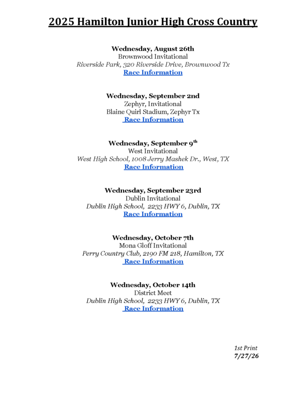 JH XC Schedule