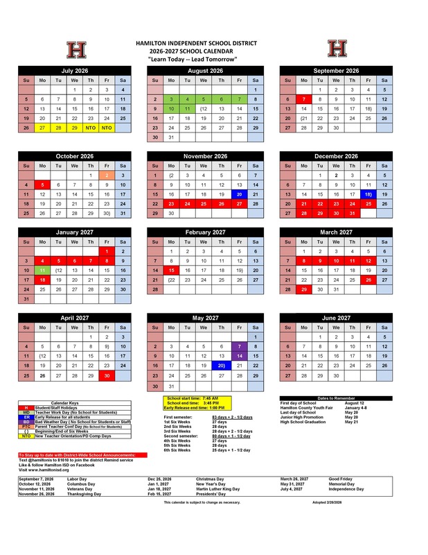 Hamilton ISD 2026-27 Calendar