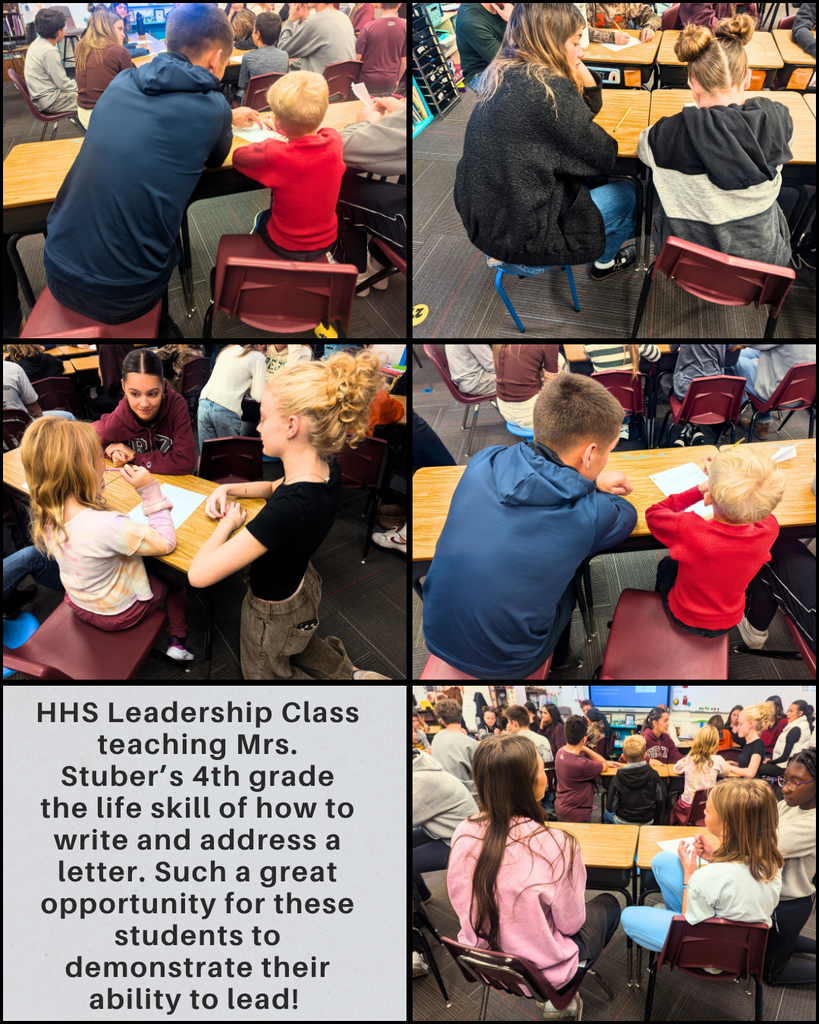 Photos of the high school leadership class visiting a 4th grade classroom