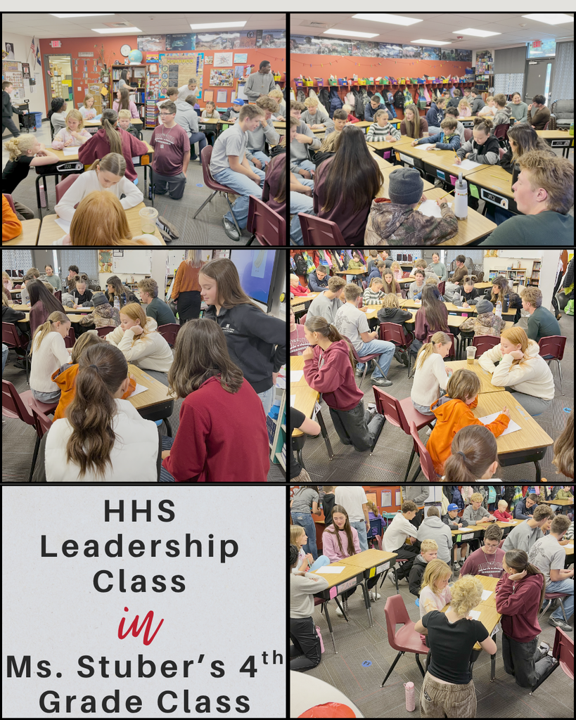 Photos of the high school leadership class visiting a 4th grade classroom