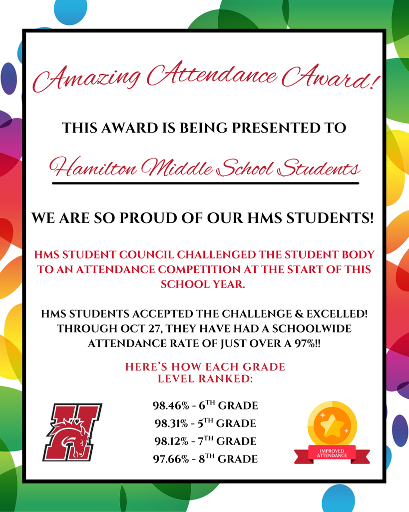 Amazing attendance award to HMS students for a student led challenge to increase their attendance rate; the attendance rate from the start of the school year to Oct 27 was just over 97% overall; 98.46% for 6th grade, 98.31% for 5th grade; 98.12% for 7th grade; 97.66% for 8th grade