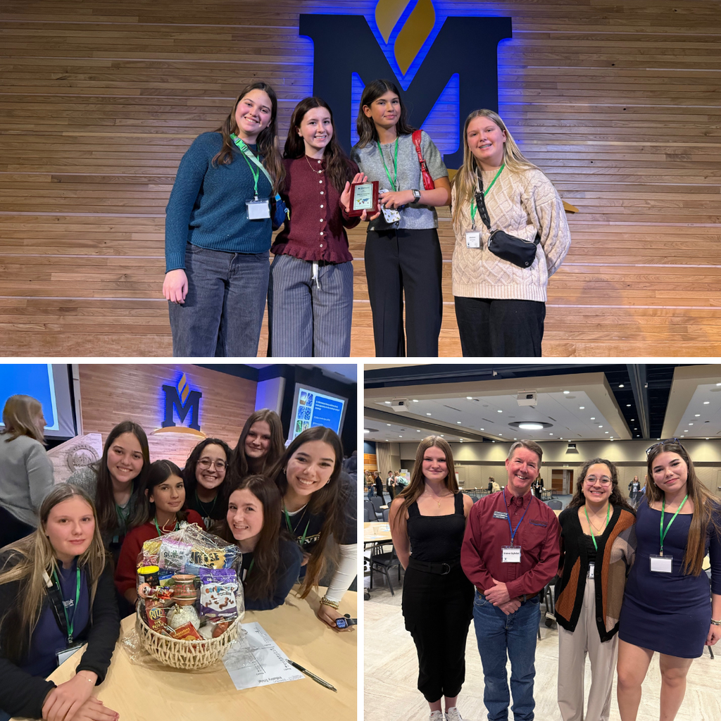Hamilton High School students compete in the Econoquest competition on the Montana State University.  There is a photo of the team who won the competition and 2 others of the team posing inside Montana State University.