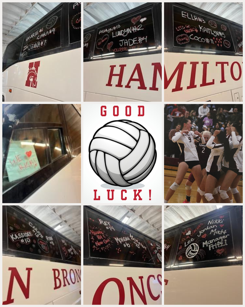 photos of bus windows decorated with volleyball drawings and the names of our hamilton high school volleyball playeers