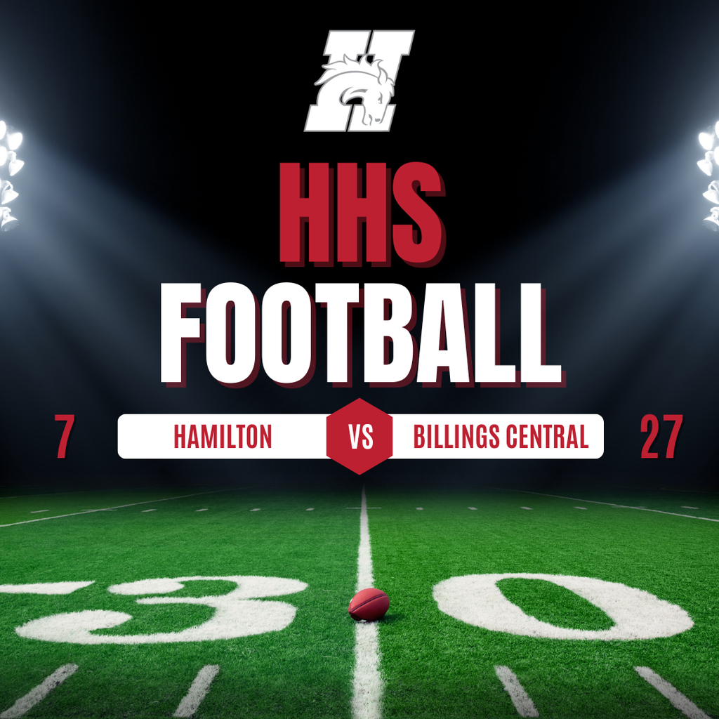graphic of football field that has score of the Class A quarterfinal playoff game; hamilton high school scored 7 and billings central catholic high school score 27