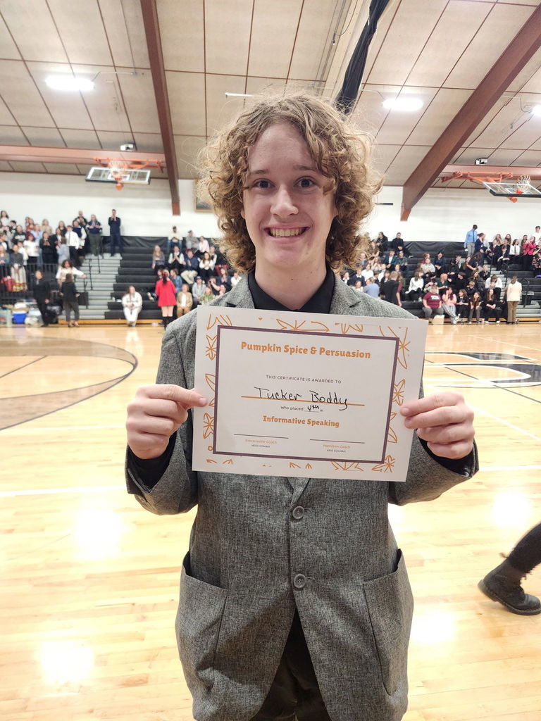 The Hamilton High School Speech & Debate team celebrating their 3rd place overall finish at the tournament in Stevensville on Saturday, November 15, 2025.