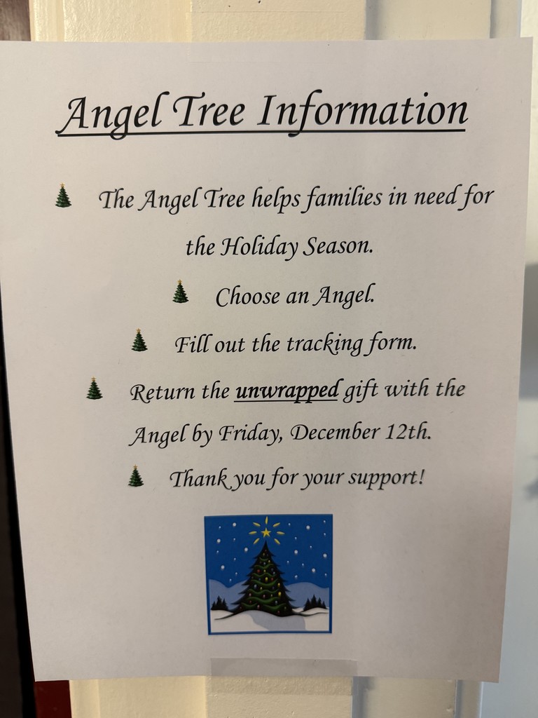 Hamilton Middle School angel tree with ornaments to take and buy gifts for district families in need