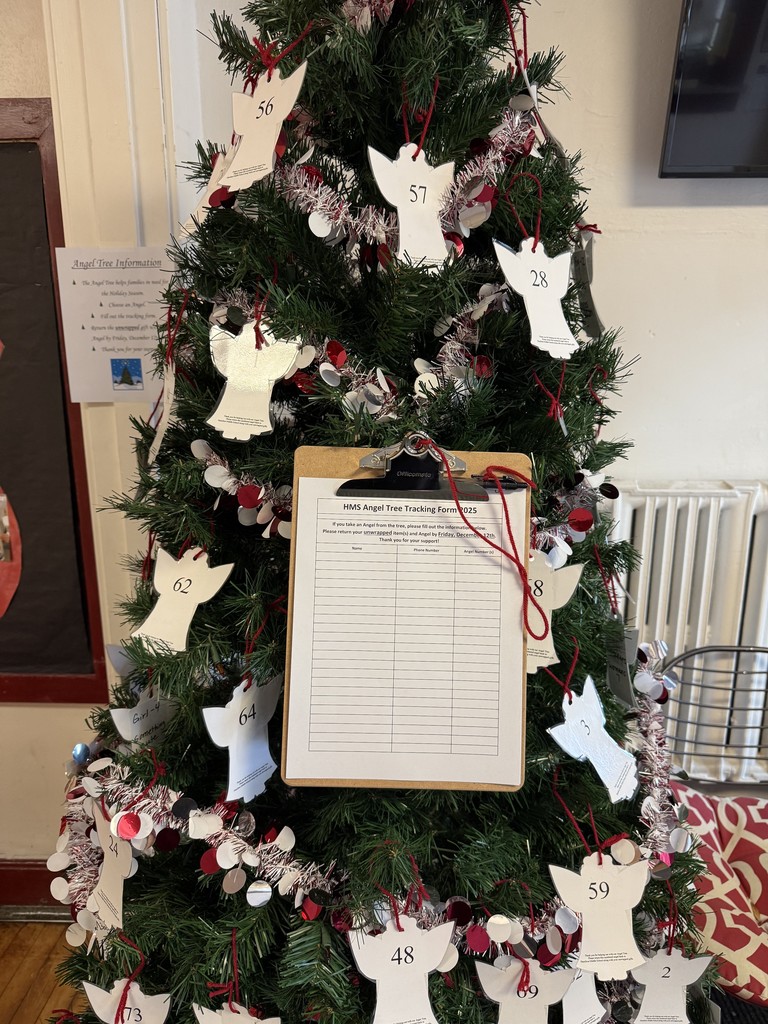 Hamilton Middle School angel tree with ornaments to take and buy gifts for district families in need