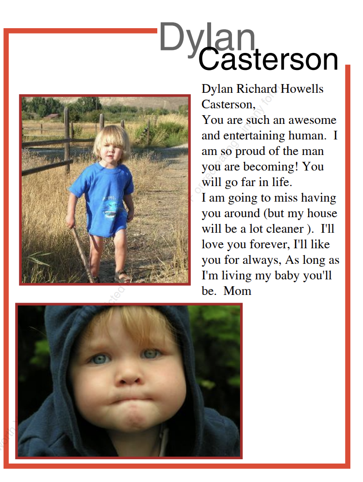 Graphic showing a sample senior yearbook ad featuring former student Dylan Casterson