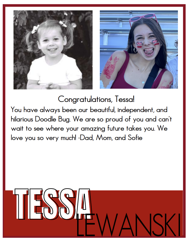 Graphic showing a sample senior yearbook ad featuring former student Tessa Lewanski