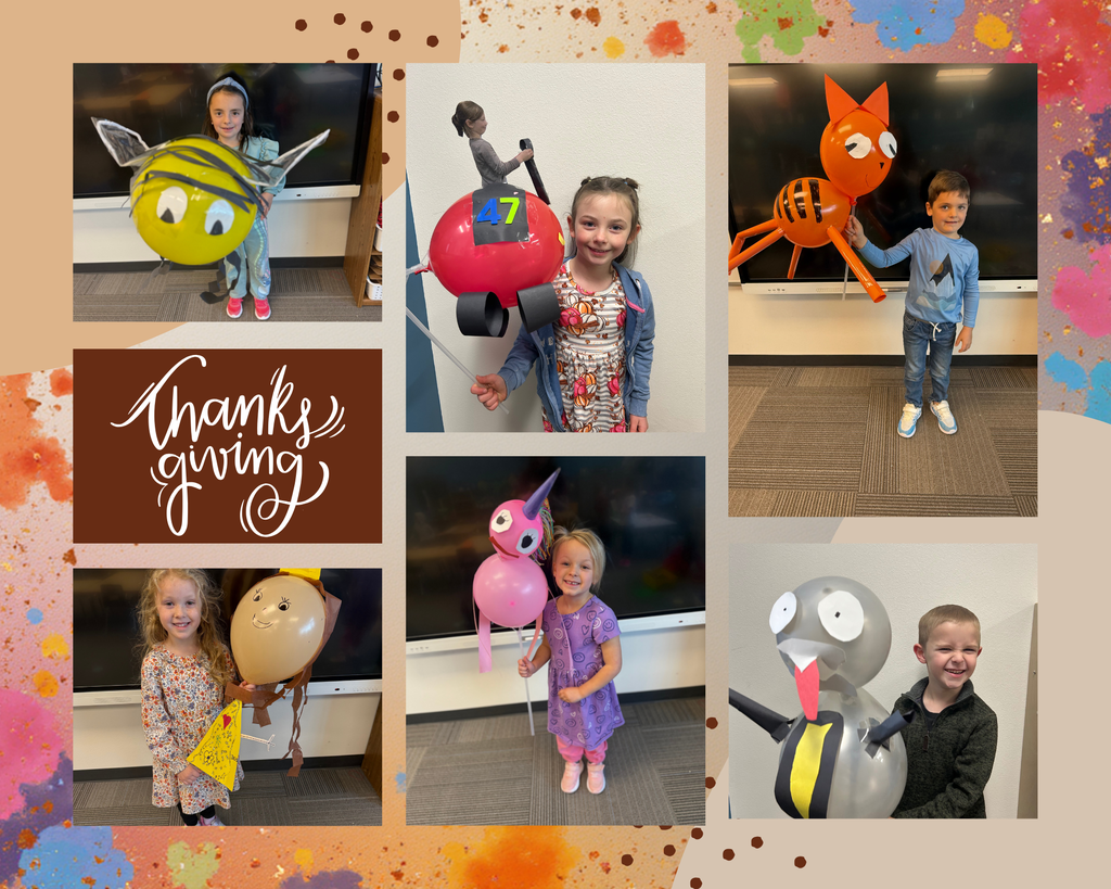 Pictures of Daly Elementary kindergarten students with balloon animals for their Thanksgiving parade