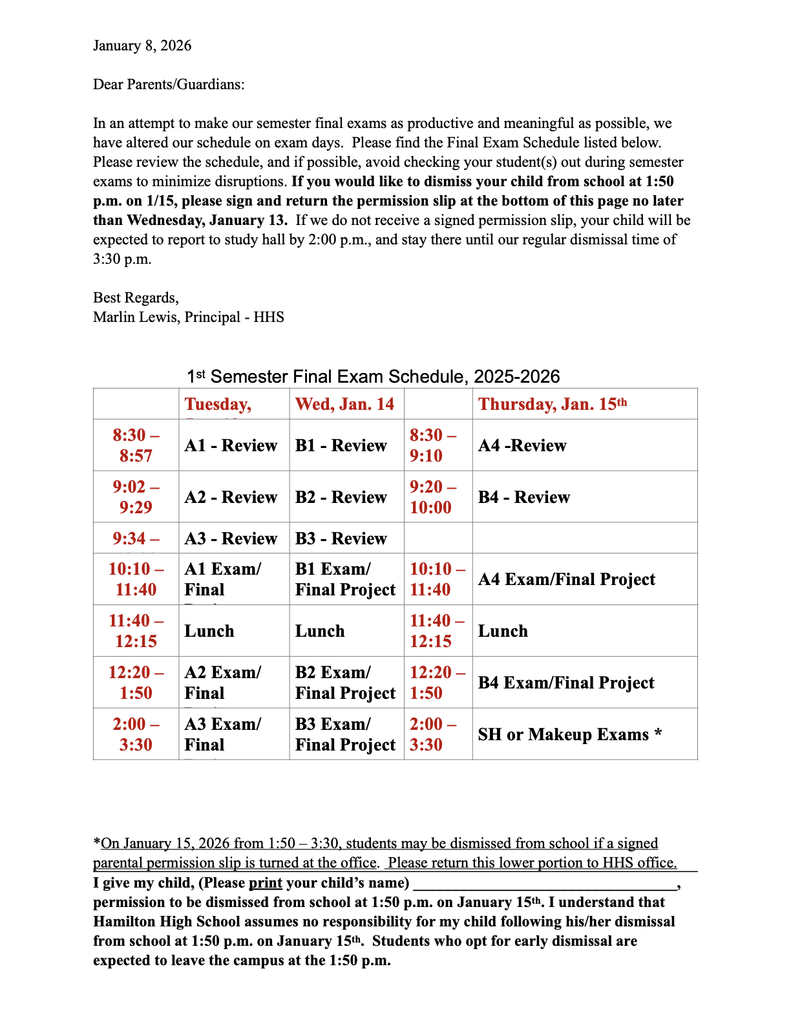 hamilton high school final exam letter