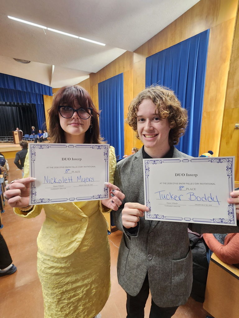 Photos from the speech and debate tournament at Columbia Falls.  Nickolett Myers & Tucker Boddy got 8th in DUO Interp
