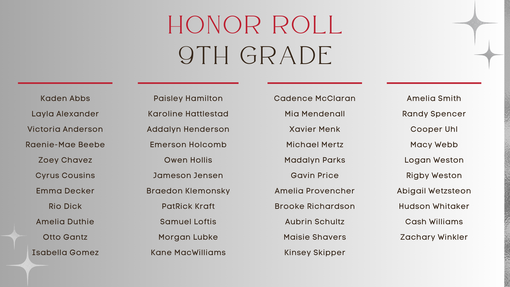 Hamilton High School 9th grade students who made the honor roll with a 3.0 GPA or better.  