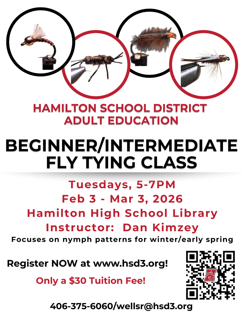 HSD3 adult education beginner/intermediate fly tying class.  Tuesdays, 5-7PM, Feb 3-Mar 3, 2026.  $30 tuition fee