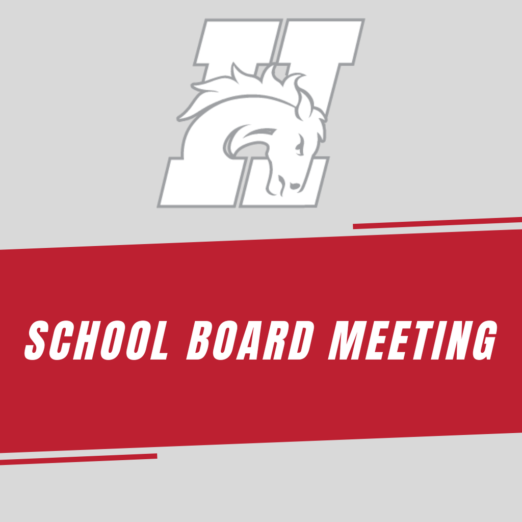 Hamilton School Board Meeting graphic with red banner and bronc logo