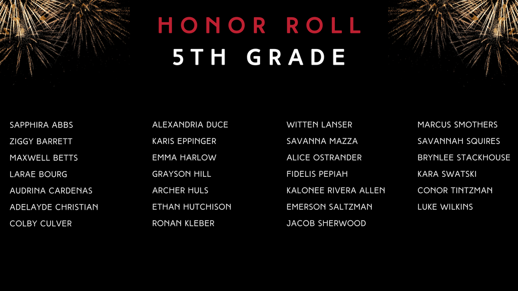 Hamilton Middle School Honor Roll for the 2nd Quarter of the 2025-26 school year. High honor roll is 3.75 GPA or higher and Honor Roll is 3.0 GPA or higher. Graphic has a black background with fireworks at all four corners of the screen