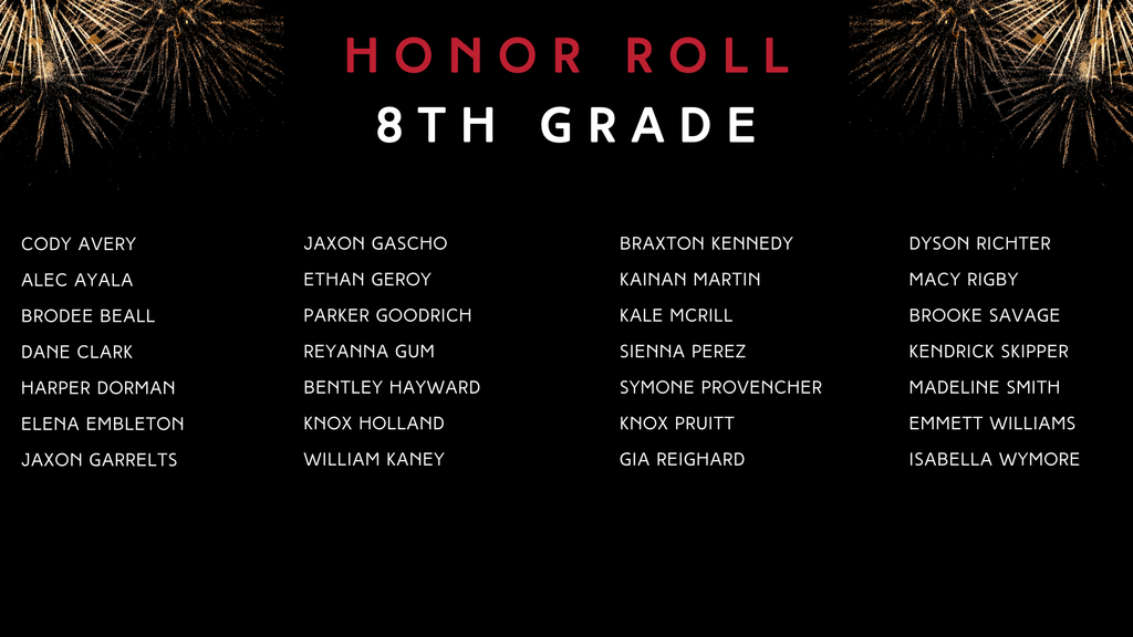 Hamilton Middle School Honor Roll for the 2nd Quarter of the 2025-26 school year. High honor roll is 3.75 GPA or higher and Honor Roll is 3.0 GPA or higher. Graphic has a black background with fireworks at all four corners of the screen