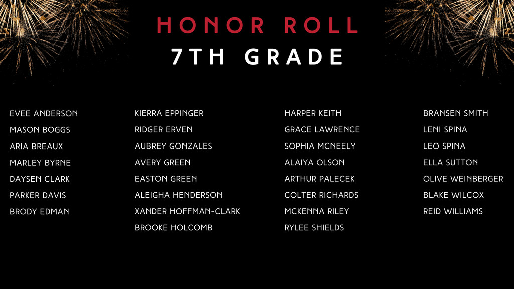 Hamilton Middle School Honor Roll for the 2nd Quarter of the 2025-26 school year. High honor roll is 3.75 GPA or higher and Honor Roll is 3.0 GPA or higher. Graphic has a black background with fireworks at all four corners of the screen