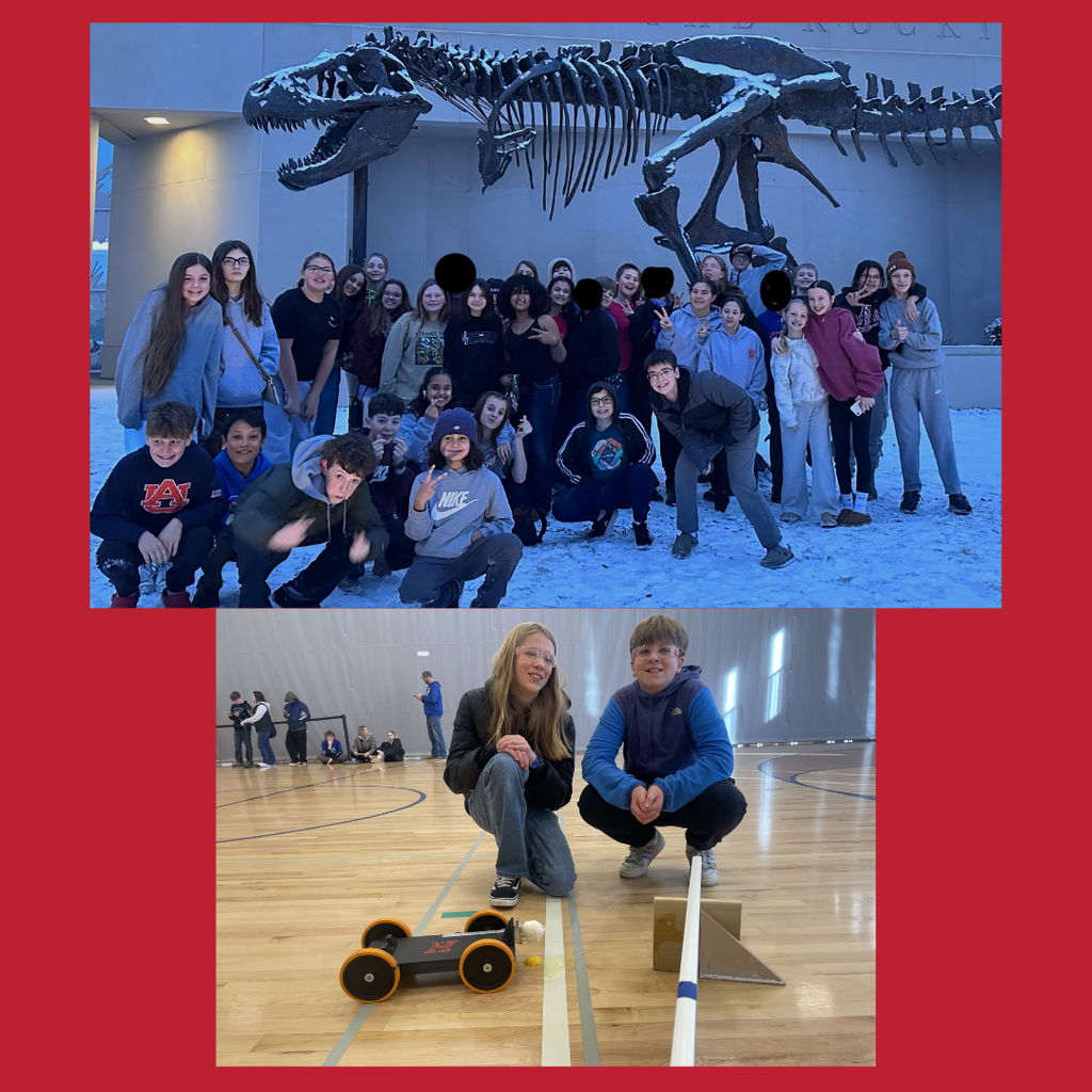 Photo of the HMS Science Olympiad team in front of the museum of the rockies. 2nd photo of 2 students with a car