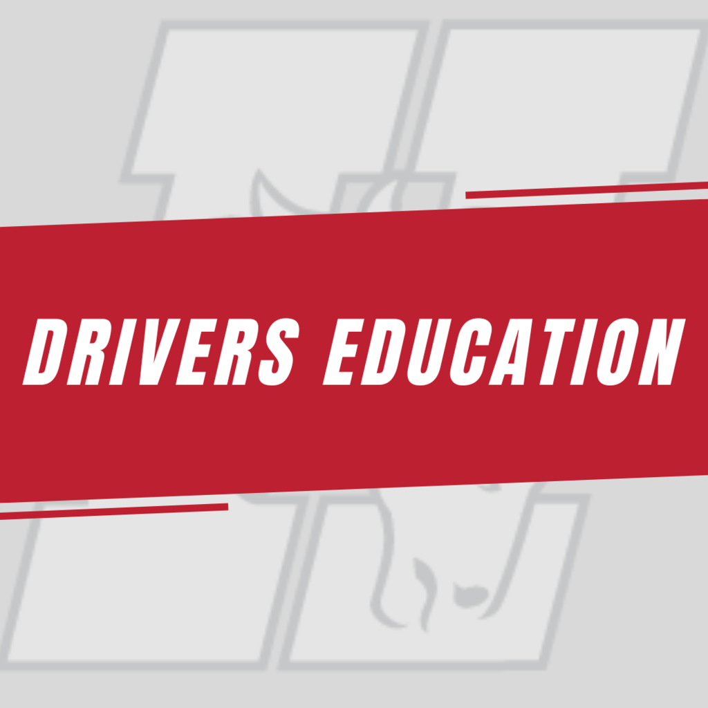 drivers education banner, red with white lettering and faded bronc logo in background in light gray