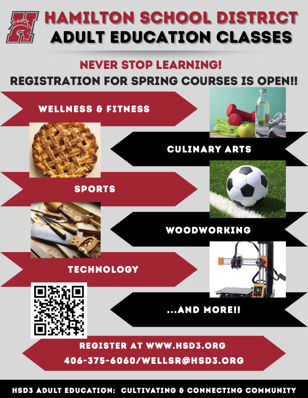 HSD3 adult education class offerings for spring 2026 include wellness & fitness, culinary arts, sports, woodworking and technology. Register at www.hsd3.org or call 406-375-606 or email wellsr@hsd3.org