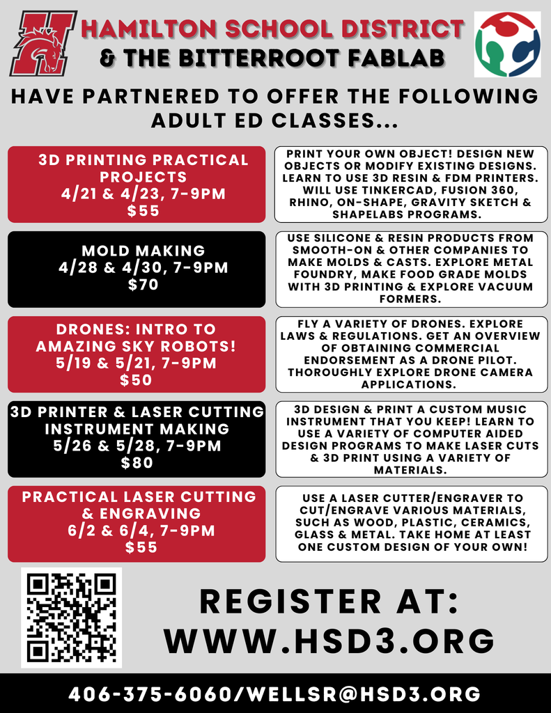 HSD3 adult education & bitterroot fablab adult edu class offerings for the spring 2026 session