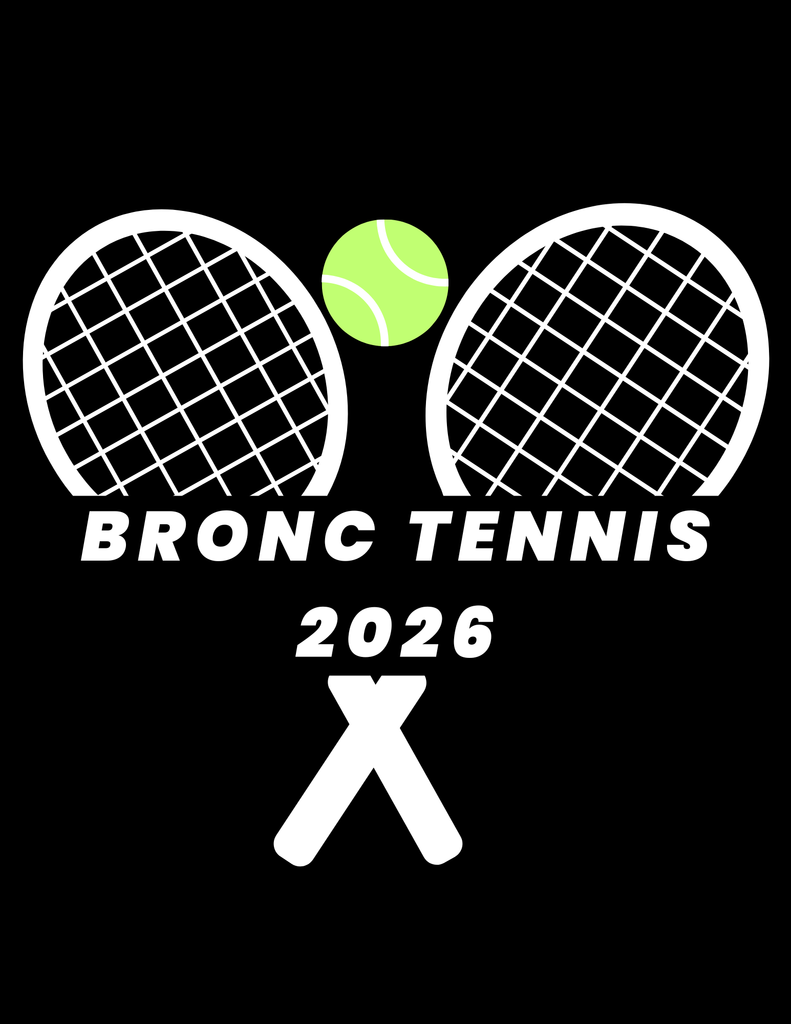 Bronc tennis 2026 design with two white crossed rackets and a tennis ball in the center