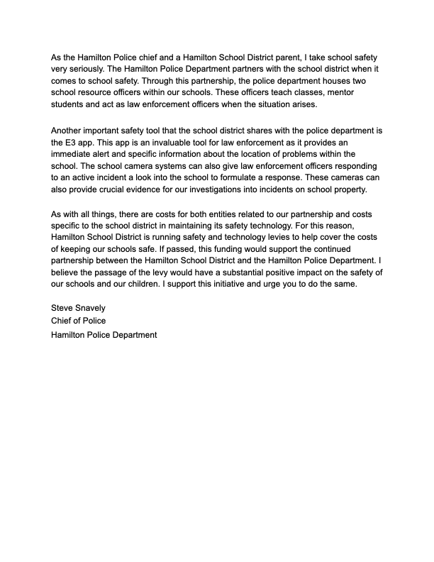 letter to the community from hamilton police department chief snavely explaining that he supports the safety & technology levies being run by the hamilton school district