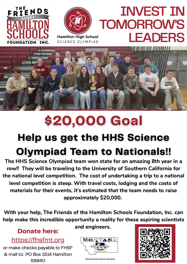 The Friends of Hamilton Schools Foundation, Inc. is raising money to help our HHS Science Olympiad team travel to the University of Southern California to compete at the NATIONAL Science Olympiad competition!    To donate, please go to:  https://bit.ly/4bbIUJ5