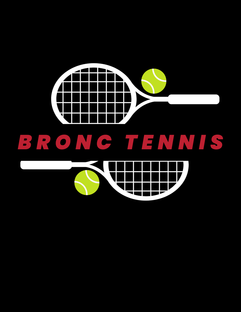 two tennis rackets with 2 tennis balls and the words "bronc tennis"