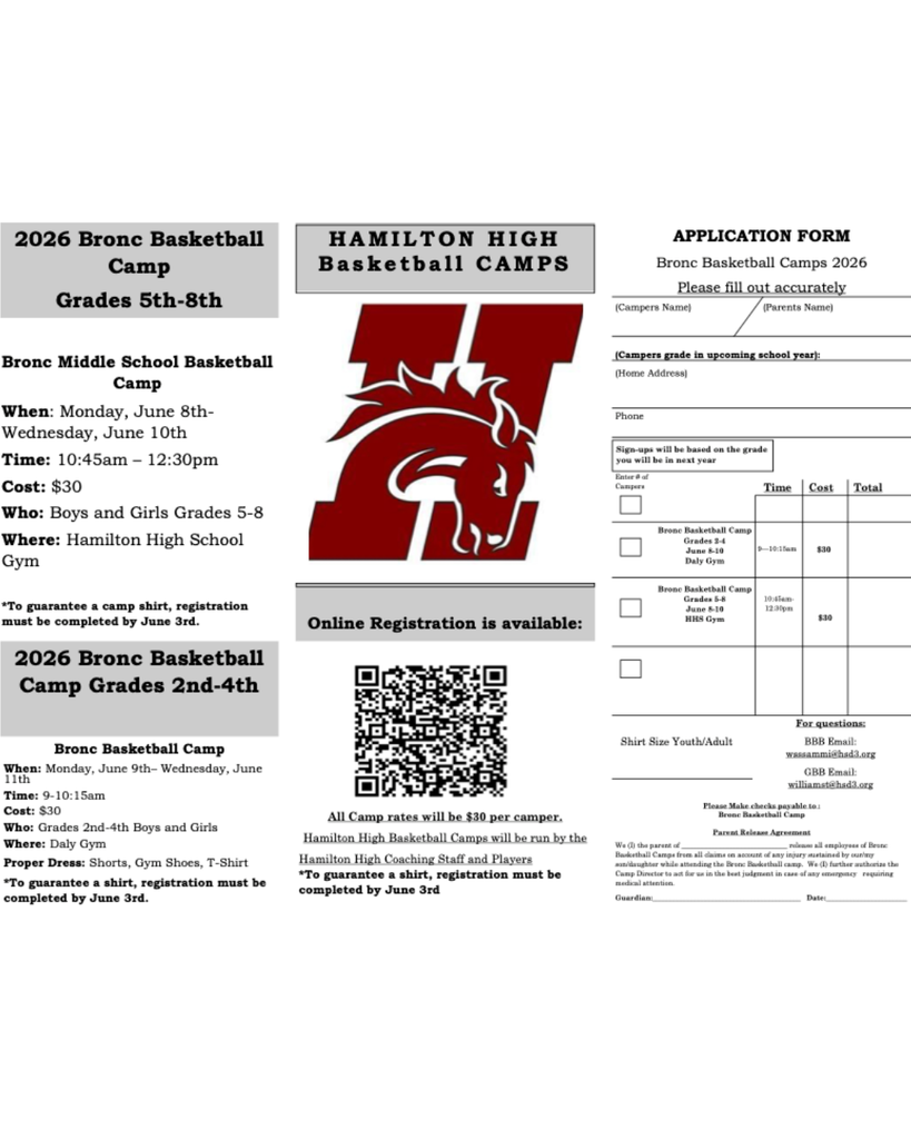 2026 Broncs basketball camp for 2nd-4th graders, Monday June 9-Wednesday June 11th, 9-10:15am, Cost is $30