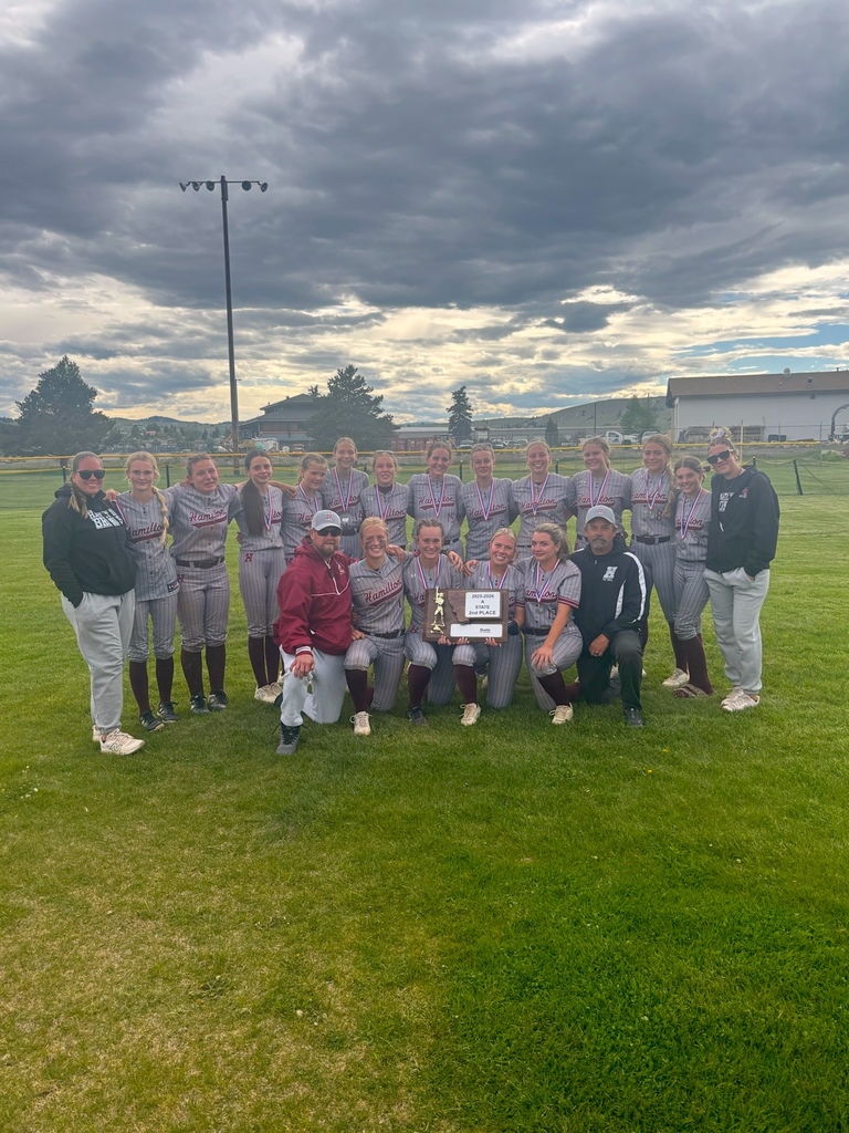 hhs softball team and coaches pose with their 2nd place plaque after the state softball championship game in butte