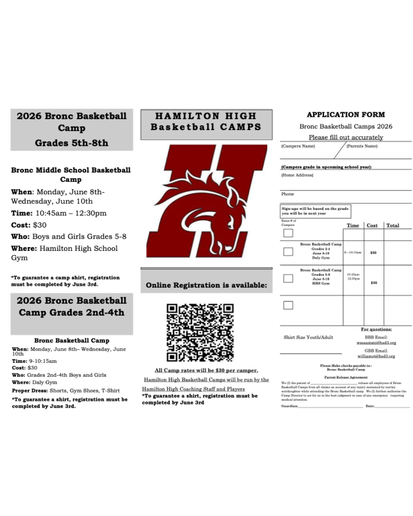 2026 Broncs basketball camp for 2nd-4th graders, Monday June 8-Wednesday June 10th, 9-10:15am, Cost is $30